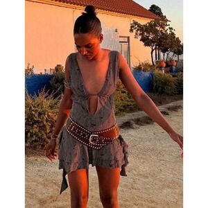 Distressed Halter Mini Dress Brown Shredded Tiered Ruffle Festival Boho Small